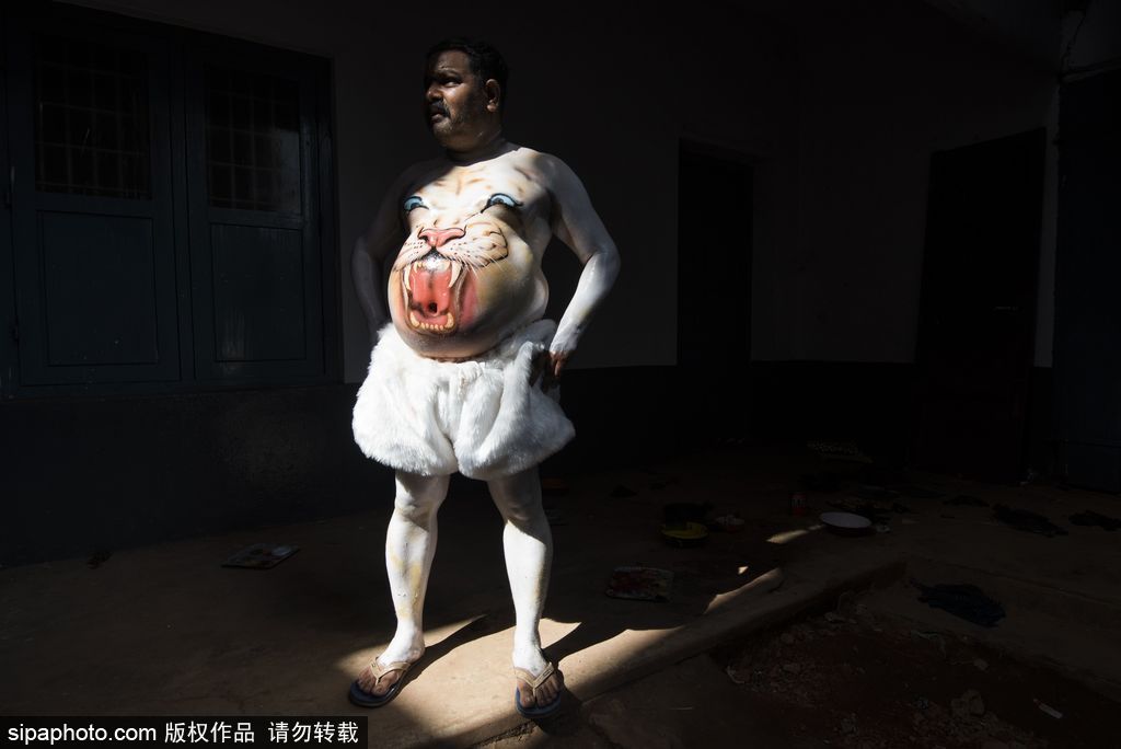 印度傳統(tǒng)虎舞的臺(tái)前幕后 表演者用顏料涂滿全身化身“猛虎”