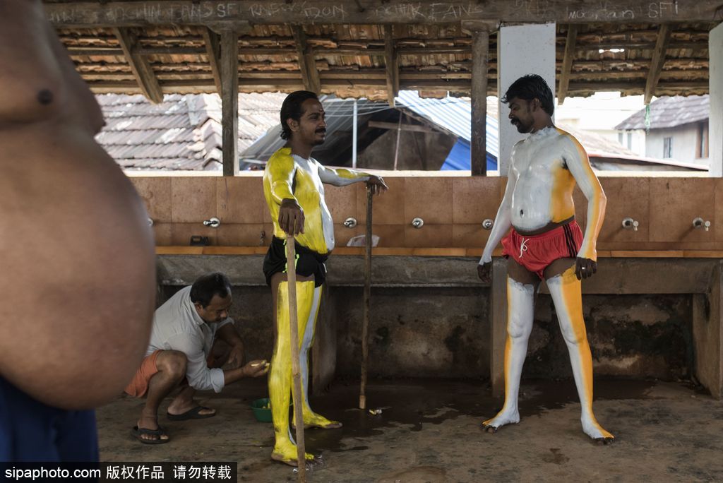 印度傳統虎舞的臺前幕后 表演者用顏料涂滿全身化身“猛虎”