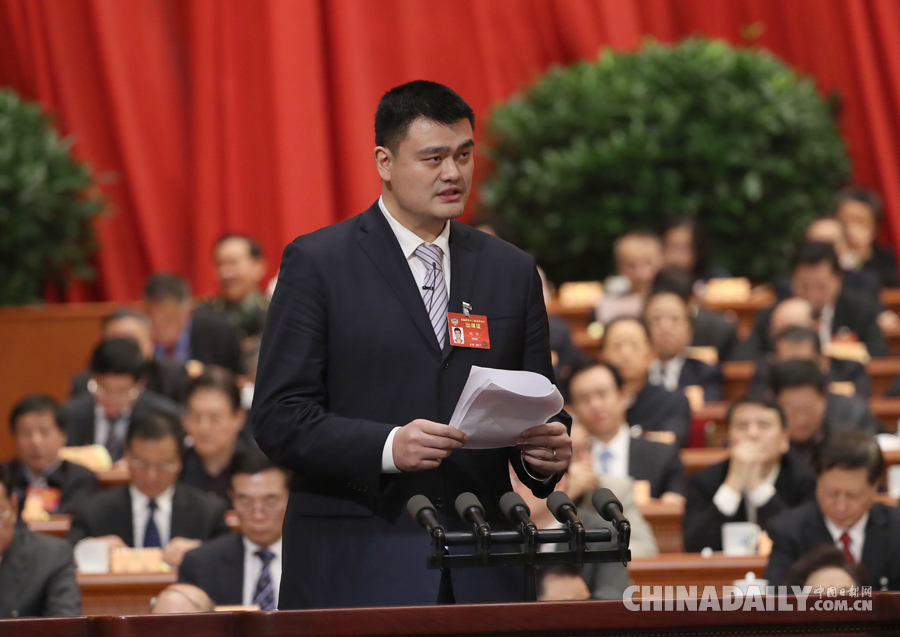 姚明在全國政協十二屆五次會議第三次全體會議上發言