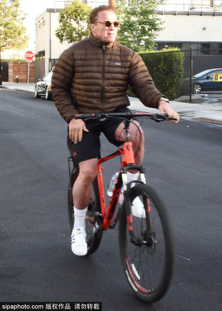 施瓦辛格穿羽絨服街頭騎單車運(yùn)動(dòng)范十足