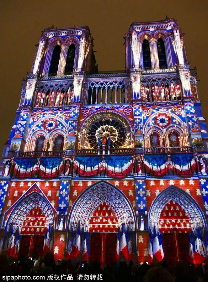 真是美上天啦！法國(guó)巴黎圣母院亮燈絢爛多彩