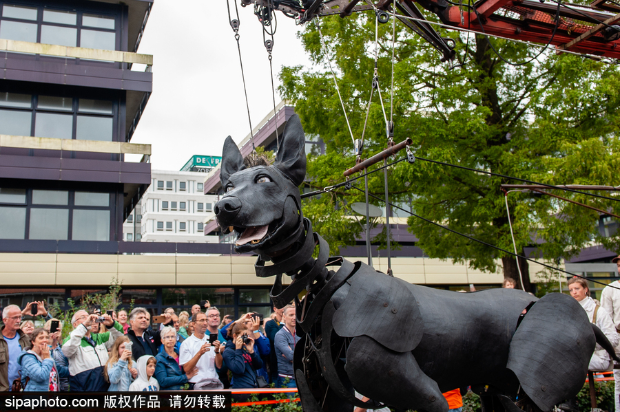 荷蘭呂伐登：巨人木偶飛現(xiàn)劇院門口 驚險創(chuàng)意表演看呆路人